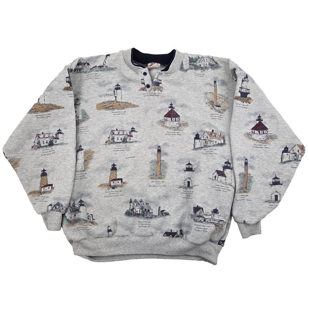 VTG Art Unlimited Lighthouse Pullover Henley Sweatshirt XL USA Made AOP Grey